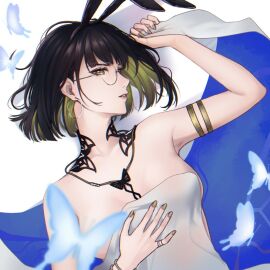 1girls angon623_(artist) arm_ring behind_curtain black_hair bowtie breasts bunny_ears butterfly curtains earrings female glasses hiding_breasts lipstick lisa_(path_to_nowhere) looking_at_viewer multicolored_hair nail_polish no_bra nude path_to_nowhere ring short_hair white_background white_skin yellow_eyes yellow_hair