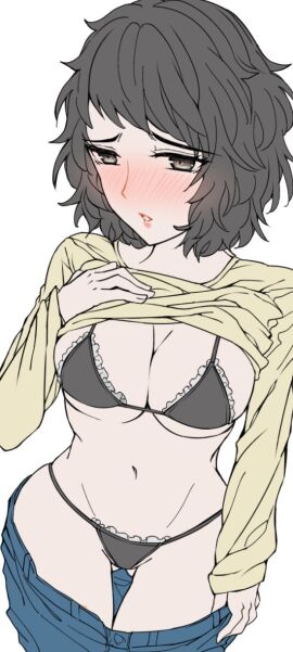 black_hair blush breasts female half_naked lingerie lingerie_under_clothes looking_away navel older_female persona persona_5 sadayo_kawakami short_hair shy shy_expression teacher undressing undressing_self yaoto