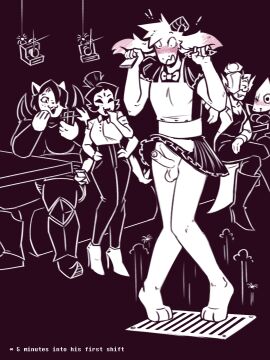 alphys alphys_(underswap) alternate_universe anthro arachnid arthropod asriel_dreemurr blush boss boss_monster_(undertale) catty_(undertale) clothed clothed_female clothing comic dracozhilla duo embarrassed female femboy feral genitals group hi_res humanoid humiliation larger_male laugh laughing_at maid_uniform male male/female muffet penis public public_humiliation size_difference slightly_chubby smaller_female spider taking_picture text underswap underswap_muffet undertale undertale_(series) undertale_au undyne undyne_(underswap) uniform upskirt