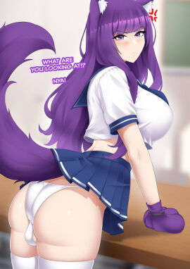 1futa angry animal_ears ass backsack balls ballsack blue_skirt breasts classroom clothed clothing desk dialogue english_text female fox_ears fox_girl fox_tail fully_clothed futa_only futanari humanoid intersex jesscatg kemonomimi large_breasts light-skinned_futa light_skin long_hair looking_at_viewer original panties paw_gloves pawpads penis penis_in_panties purple_eyes purple_hair sailor_collar school_uniform shirt skirt skirt_lift solo standing text thighhighs unaware white_panties white_shirt