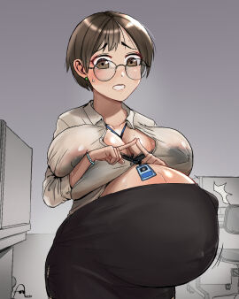 1girls belly big_belly big_breasts breasts female fetal_movement gigantic_breasts glasses huge_breasts joethestone nipples nipples_visible_through_clothing office office_lady pregnant short_hair solo very_short_hair