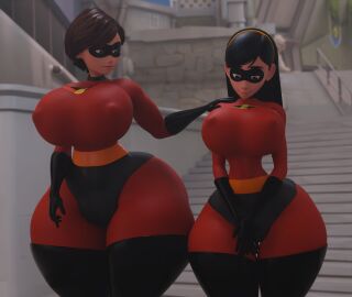 big_breasts breasts covered_nipples elastigirl helen_parr huge_breasts red_clothing standing suit superhero the_incredibles thick_thighs violet_parr wide_hips