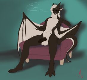 2016 3_toes 5_fingers anthro balls bedroom_eyes black_body black_eyewear black_glasses black_penis black_scales chair claws come_here digital_media_(artwork) draccy dragon erection eyebrows eyewear feet fingers furniture genitals glasses hair hand_motion heart_symbol horn leaning leaning_backward looking_at_viewer male membrane_(anatomy) membranous_wings morenor motion_lines multicolored_body multicolored_scales mythological_creature mythological_scalie mythology narrowed_eyes navel nude nude_anthro on_chair penis rectangular_glasses red_chair scales scalie seductive shadow signature simple_background sitting sitting_on_chair smile solo speech_bubble tail teeth toe_claws toes two-tone_body two-tone_scales white_balls white_body white_eyebrows white_hair white_inner_ear white_scales wings yellow_eyes