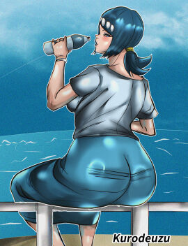 1girls areola areolae big_breasts big_nipples big_penis blue_eyes blue_hair breast_press breast_squeeze breasts dark-skinned_male dark_penis dark_skin dick english_text female huge_breasts kurodeuzu lana's_mother_(pokemon) male milf naughty_face nipples paizuri penis pokemon pokemon_sm precum sexy smug text titjob