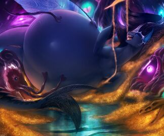 absurd_res anus bahnbahn belly big_belly black_body blue_eyes equid european_mythology fan_character female feral genitals ginormous_belly greek_mythology hasbro hi_res hippocampus huge_belly hyper hyper_belly hyper_pregnancy lying mammal marine my_little_pony mythology on_side pregnant pregnant_female pregnant_feral sharp_teeth solo teeth vulva wings