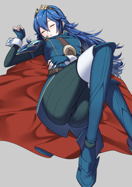 1girls ameno_(a_meno0) ass big_ass black_pants blue_gloves blue_hair blue_shirt breasts cameltoe cape closed_eyes female fingerless_gloves fire_emblem fire_emblem_awakening foot_out_of_frame gloves grey_background knee_up long_hair lucina_(fire_emblem) lying on_back pants parted_lips pussy simple_background sleeping small_breasts solo tiara two-sided_cape two-sided_fabric