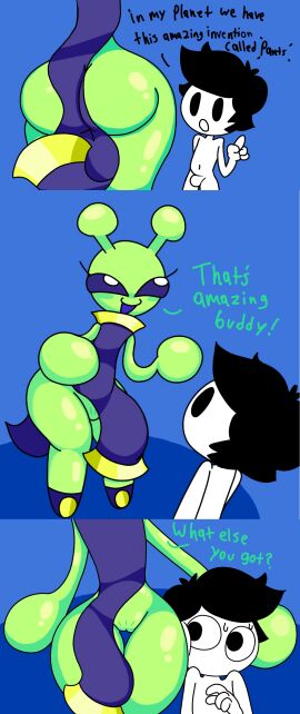 1boy 1girls alien alien_girl ass big_ass black_hair chinese_clothes comic dialogue edited eyelashes fat_ass female hips humanoid lunabella_(mschaox6) male mark_m mob_face nervous nervous_male nervous_sweat oc original original_character pussy pussy_peek self_insert shiny_skin sweat sweating text thick_thighs thighs wide_hips wide_thighs