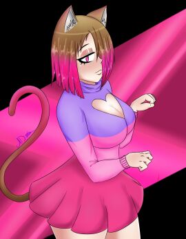 adshtorm bete_noire betty_noire big_breasts black_background breasts brown_hair cat_ears cat_tail female glitchtale pink_background pink_eyes pink_hair pink_sweater purple_sweater red_skirt short_hair skirt sweater undertale undertale_(series)