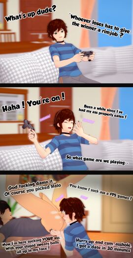 2boys 3d angry_face balls brat brown_hair choker clothed clothing comic english_text faceless_male femboy game_controller green_eyes instant_loss instant_loss_2koma koikatsu large_balls large_penis large_testicles laughing male musk musk_clouds musky_balls oc original_character painted_nails penis rimjob rimming selfinsertedbro sharp_teeth short_hair smug smug_face sweat sweaty_balls testicles text yaoi