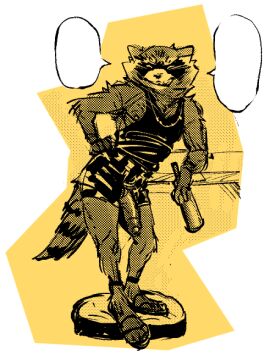 anthro black_clothing black_hotpants black_shirt black_tank_top black_topwear bottle bottomwear clothing concosive container empty_speech_bubble facial_markings footwear foreskin fur genitals glistening glistening_clothing grinning_at_viewer guardians_of_the_galaxy head_markings holding_bottle holding_container holding_object hotpants jewelry leaning leaning_on_counter leaning_on_table looking_at_viewer male mammal markings marvel marvel_comics mask_(marking) narrowed_eyes necklace penis penis_poking_out procyonid raccoon rocket_raccoon sandals sharp_teeth shirt shoes shorts smile smiling_at_viewer solo speech_bubble standing striped_markings striped_tail stripes tail tail_markings talking_to_viewer tank_top teeth topwear uncircumcised