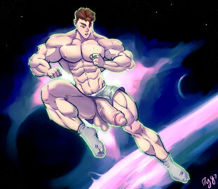 1boy balls bara big_balls big_penis bulge dc dc_comics green_lantern green_lantern_(series) hal_jordan male male_focus male_nipples male_only muscular muscular_male mygetawayart nipples penis solo_male underwear yaoi