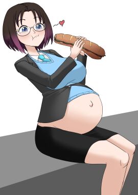 1girls almeram02 black_hair blue_eyes eating elma_(dragon_maid) female glasses highlights_(coloring) hyper_belly miss_kobayashi's_dragon_maid outie_navel pregnant ready_to_pop smile solo