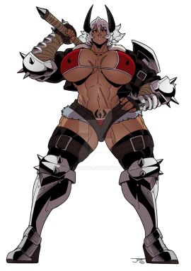 1girls abs big_boobs big_breasts boobs breasts buta_no_gotoki_sanzoku_ni_torawarete_shojo_o_ubawareru_kyonyuu_himekishi_&_onna_senshi:_zettai_chinpo_nanka_ni_maketari_shinai!!_the_animation dark-skinned_female dark_skin demon demon_girl female female_only helga_(buta_no_gotoki) muscular muscular_female nosunato white_hair