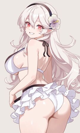1girls bikini black_hairband blush breasts cleavage corrin_(fire_emblem) corrin_(fire_emblem)_(female) female female_focus female_only fire_emblem fire_emblem_fates fire_emblem_heroes flower frilled_skirt front-tie_bikini grey_hair hair_between_eyes hair_flower hair_ornament hairband large_breasts long_hair looking_at_viewer midriff n_54 official_alternate_costume pointy_ears red_eyes smile solo swimsuit thighs white_bikini white_hair