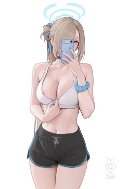 absurdres alternate_costume alternate_hairstyle asuna_(blue_archive) black_choker black_shorts blonde_hair blue_archive blue_eyes blue_halo blue_nails bra bra_pull breasts cellphone choker cleavage clothes_pull commentary dolphin_shorts female hair_over_one_eye halo highres holding holding_phone large_breasts long_hair looking_at_viewer midriff mole mole_on_breast nail_polish navel nipple_slip nipples phone ponytail pulling_own_clothes quilm scrunchie shorts simple_background smartphone solo sports_bra sports_bra_pull standing sweating tank_top underwear white_background wrist_scrunchie