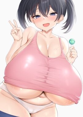 absurd_res absurdres alternate_version_available bare_shoulders belly belly_button bellybutton big_breasts black_hair breasts candy chomikuplus cleavage collarbone fang female gigantic_breasts highres holding_candy holding_food holding_lollipop holding_object huge_breasts jabaku-chan large_breasts lolipop massive_breasts open_mouth panties pink_topwear shortstack sweat sweatdrop thighhighs tight_clothing topwear twintails underboob white_panties