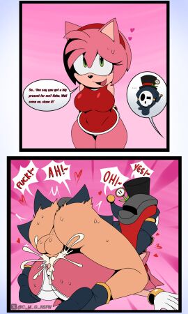 1boy 1girls amy_rose anti_groove ass big_ass big_breasts boots breasts c_m_g_nsfw comic commission cum cum_in_pussy duo english_text female gloves glowing_eyes green_eyes heart_symbol instant_loss_2koma male mating_press mobian_(species) oc panties pink_background pink_body pink_fur pussy sega sex shy_guy smile smiling_at_viewer sonic_(series) sonic_the_hedgehog_(series) text thick_thighs vaginal_penetration white_panties