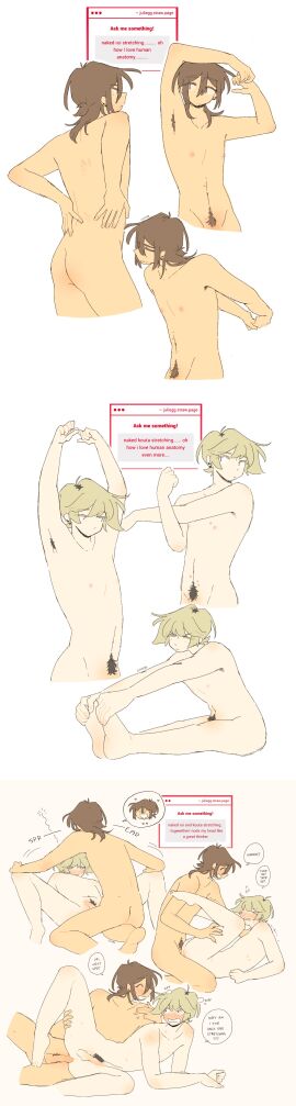 2boys ahoge armpit_hair armpit_hair_peek artist_name ass balls barely_visible_genitalia barely_visible_penis blonde_hair blush body_blush brown_hair butt_crack chibi closed_eyes color completely_nude dialogue drooling dyed_hair ear_piercing earrings embarrassed english_text eyebrows_visible_through_hair flaccid flustered full-face_blush happy_trail humor juliegg kiss_mark kneeling kouta_(juliegg) long_hair looking_at_partner lying lying_on_back lying_on_side male male_nipples male_pubic_hair mischievous_smile mole mole_on_arm mole_on_neck mole_on_stomach mole_under_eye mole_under_mouth motion_lines nipples original penis penis_blush pubic_hair request romantic rui_(juliegg) saliva shoulder_blush sideass sitting smile sound_effects speech_bubble spread_legs standing strawpage_request stretching tied_hair trembling visible_breath watermark white_background wholesome wide_eyed yaoi