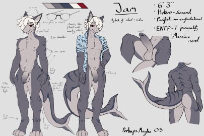 absurd_res anthro ass balls clothed clothing digital_media_(artwork) erection eyewear felid feline felis fish fur genitals glasses grin hair hi_res humanoid humanoid_genitalia humanoid_penis hybrid jam_(perhapsmaybe05) male mammal marine nipples nude open_clothing pattern_clothing penis perhapsmaybe05 shark simple_background smile snout solo tail text