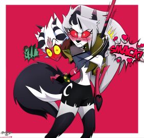 1boy 1girls aless_(corazonarts) ass bare_shoulders big_breasts blush breasts color corazonarts demon demon_boy demon_horns demon_tail english_text female furry hellhound helluva_boss hi_res large_breasts long_hair looking_at_viewer loona_(helluva_boss) male male/female smacking_ass tagme text thick_thighs wolf wolf_ears wolf_girl wolf_tail