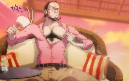 atlus beard black_hair bulge chinstrap_beard daddy dark_hair dilf facial_hair fan fanning_self funeral-paws glasses hairy hairy_chest japanese_text khakis male megami_tensei mostly_clothed muscular muscular_male open_shirt partially_unbuttoned persona persona_5 persona_5_royal pink_shirt sakura_sojiro slightly_chubby slightly_chubby_male sojiro_sakura solo solo_male sweat sweating tasteful wearing_glasses