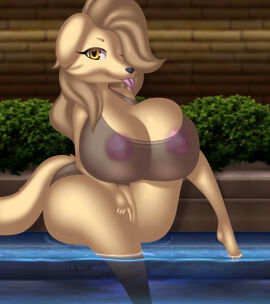 absurd_res amber_eyes animal_humanoid anthro ass big_ass big_breasts big_butt big_penis bird_dog blonde_hair breasts canid canine canis cleavage clothed clothing curvy_figure digital_drawing_(artwork) digital_media_(artwork) domestic_dog fur futanari genitals golden_retriever hair hi_res huge_ass huge_breasts huge_butt humanoid humanoid_genitalia humanoid_penis hunting_dog intersex intersex_focus legs_in_water long_hair looking_at_viewer mammal mammal_humanoid mugdoggo nipples nirriti nude nude_intersex original original_character penis pillow_shading pink_nipples retriever shaded sitting solo suggestive_look tail tongue tongue_out translucent translucent_clothing water wide_hips yellow_body yellow_fur