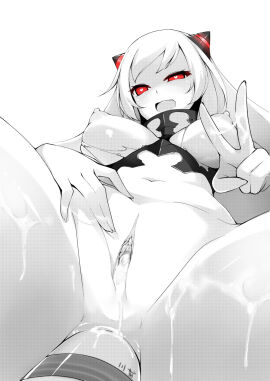 1girls abyssal_ship after_vaginal airfield_princess anal anal_object_insertion anus black_horns breasts clitoris colored_skin cum cum_in_pussy dean_(momodean) female heart heart-shaped_pupils highres horns kantai_collection large_breasts leotard long_hair navel nipples object_insertion open_mouth pov pov_crotch pussy pussy_juice pussy_juice_on_fingers red_eyes spread_legs striped_horns symbol-shaped_pupils torn_clothes torn_leotard uncensored uneven_eyes v variant_set white_hair white_skin