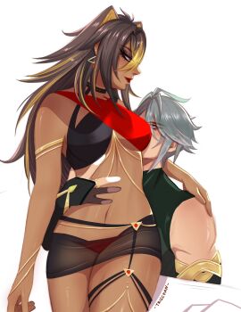 1boy 1girls alhaitham_(genshin_impact) arm_around_partner dehya_(genshin_impact) female genshin_impact grey_hair hand_on_stomach hand_on_waist long_hair looking_at_partner male male/female nipples_visible_through_clothing red_lipstick red_panties revealing_clothes see-through_clothing sensual straight tanned_female thick thick_thighs thighs trischan