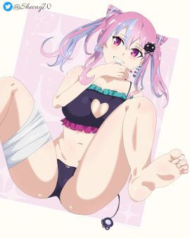 1girls absurd_res artist_name border bra feet female female_focus female_only grin hi_res legs_open legs_up looking_at_viewer ou-sama_no_propose ousama_game ousama_no_propose pink_hair purple_eyes self_upload sheong_wong smile solo solo_female solo_focus teeth tokishima_kurara