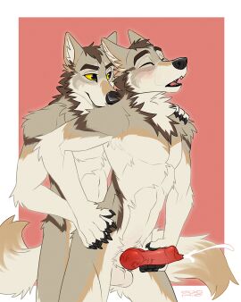 4:5 anal_orgasm anthro anthro_on_anthro anthro_penetrated anthro_penetrating anthro_penetrating_anthro arm_tuft balls bodily_fluids border brown_markings canid canine canine_penis canis cheek_tuft closed_eyes cum cumshot duo ejaculation elbow_tuft erection facial_tuft fangs fur genital_fluids genitals grey_body grey_fur hands-free hi_res knot male male/male male_penetrated male_penetrating male_penetrating_male mammal markings neck_tuft nude open_mouth orgasm penetration penis red_background red_penis red_tongue selfcest sex shoulder_tuft simple_background square_crossover standing standing_sex teeth tongue tuft vein veiny_penis white_body white_border white_fur wolf yellow_eyes yookie