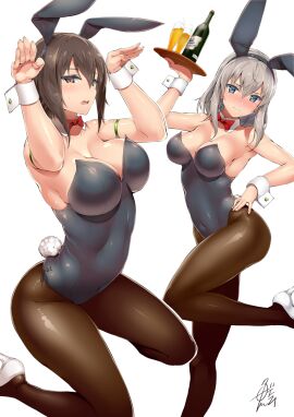 2girls alcohol blush breasts bunny_ears bunnysuit clothed female girls_und_panzer itsumi_erika large_breasts nervous nishizumi_maho stockings tagme uo_denim