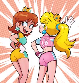 2girls :d achybreakfast ass bangs blonde_hair blue_eyes blush breasts brown_hair closed_mouth clothing crop_top cropped_shirt crown daisy's_hot_stuff_(trend) earrings emphasis_lines female flower_earrings footwear from_behind gloves hands_on_hips headwear jewelry lipstick long_hair looking_at_viewer looking_back makeup mario_(series) mario_strikers mario_strikers_peach_back_view_redraw_(meme) midriff mini_crown multiple_females multiple_girls nintendo open_mouth paincaked pink_shorts ponytail princess_daisy princess_peach shirt short_hair short_shorts short_sleeves shorts smile smug sportswear standing super_mario_bros. super_mario_strikers teeth tied_hair tomboy voluptuous white_gloves yellow_shirt yellow_shorts