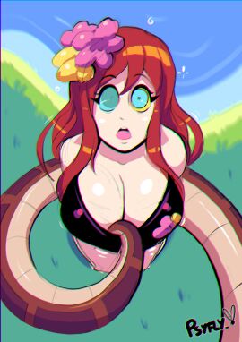 bikini breasts cleavage erza_scarlet eye_contact eye_contact_pov fairy_tail female femsub flower flower_in_hair hypnosis kaa kaa_eyes large_breasts long_hair looking_at_viewer male maledom mind_control open_mouth pov psyfly red_hair snake swimsuit swimsuit_pull the_jungle_book