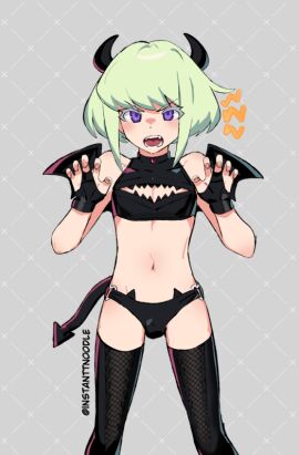 bat_wings bob_cut crossdressing devil_horns femboy instanttnoodle lio_fotia male petite promare short_hair stockings succubus_costume twink