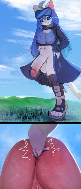 absurd_res anthro big_penis blue_eyes breasts city cock_vore domestic_cat felid feline felis female futanari genitals hi_res huge_cock intersex macro mammal penile penis smile ti-suger vore