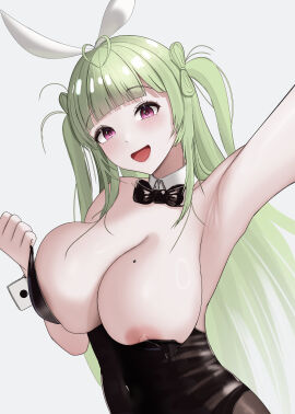 1girls ahoge animal_ears antenna_hair bare_shoulders black_leotard blunt_bangs blush bow bowtie breasts bunny_ears cleavage detached_collar fake_animal_ears female goddess_of_victory:_nikke green_hair heart heart_ahoge highleg highleg_leotard highres hrnt large_breasts leotard leotard_pull long_hair looking_at_viewer mole mole_on_breast nipple_slip nipples open_mouth outstretched_arm purple_eyes simple_background smile soda_(nikke) soda_(twinkling_bunny)_(nikke) solo strapless strapless_leotard teeth tongue twintails veins veiny_breasts very_long_hair weapon wrist_cuffs