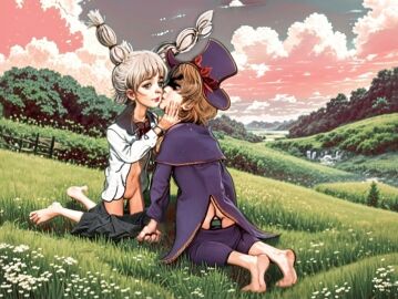ai_assisted bare_belly bare_legs barefoot barefoot_on_grass blonde_female blonde_hair female field_background foreplay harley_(mobile_legends) kissing kissing_cheek love_making lylia_(mobile_legends) mobile_legends mobile_legends:_adventure mobile_legends:_bang_bang outdoors outside pants_down pants_pulled_down top_hat twintails undressing
