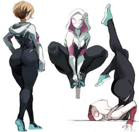 ass black_bodysuit blonde_hair bodysuit breasts female gwen_stacy highres hood hood_down hooded_bodysuit marvel mask medium_breasts multicolored_bodysuit print_bodysuit rakeemspoon short_hair simple_background skin_tight solo spider-gwen spider-man:_into_the_spider-verse spider-man_(series) spider-verse spider_web_print superhero_costume two-tone_bodysuit white_background white_bodysuit