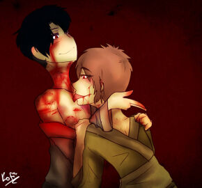 2015 2boys artist_name attack_on_titan bite_mark black_hair brown_hair crossover eren_jaeger eyebrows eyebrows_visible_through_hair gore guro injury japanese_clothes kofi_(76th) levi_ackerman licking licking_blood looking_at_another male male/male male_focus male_only masa_works_design off_shoulder oni_to_kitsune_no_hanashi onigumo_to_kitsune_no_shishi_to_(vocaloid) parody red_eyes shingeki_no_kyojin signature smile suggestive tagme tongue yaoi