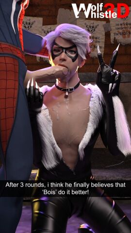 2boys 3d black_cat_(insomniac) black_cat_(marvel) bodysuit bulge catsuit cheating collar cum cum_in_mouth cum_on_body erection felicia_hardy felix_hardy fellatio femboy gay genderswap genderswap_(ftm) male male_black_cat male_only marvel marvel_comics open_bodysuit open_clothes oral oral_sex peace_sign penis peter_parker rule_63 skin_tight skintight spider-man spider-man_(insomniac) spider-man_(ps4) spider-man_(series) squatting tight_clothes tight_clothing unzipped unzipped_bodysuit v_sign veiny_penis white_hair wolfwhistle3d yaoi
