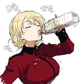 1girls ahemaru big_breasts blonde_hair breasts busty closed_eyes darjeeling drinking dripping female girls_und_panzer hair_bun large_breasts lips school_uniform voluptuous