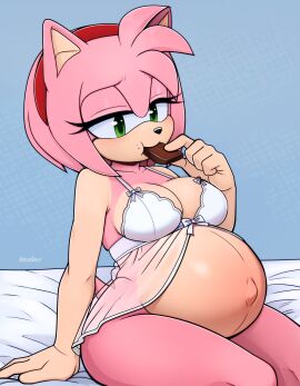 amy_rose anthro chocolate eating_chocolate female furry kitsulines pregnancy pregnant pregnant_anthro pregnant_female sonic_(series) sonic_the_hedgehog_(series)