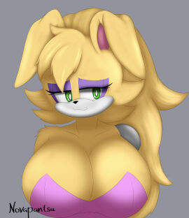 2025 absurd_res anthro archie_comics arm_tuft artist_name bashful big_breasts black_nose blonde_hair breasts bunnie_rabbot cat_smile cleavage clothed clothing digital_media_(artwork) eyelashes female front_view fur green_eyes grey_background hair hi_res huge_breasts lagomorph leporid lidded_eyes long_eyelashes mammal multicolored_body multicolored_fur nervous_smile novapantsu rabbit robotic_arm sega shoulder_tuft simple_background solo sonic_(series) sonic_the_hedgehog_(archie) sonic_the_hedgehog_(comics) sonic_the_hedgehog_(series) topwear tuft two-tone_body two-tone_fur white_body white_fur yellow_body yellow_ears yellow_fur