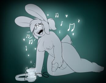 2021 anthro balls breasts buckteeth digital_media_(artwork) electronics futanari genitals green_background grimev headphones heart_symbol hi_res intersex izzy_skye lagomorph leporid male male_only mammal masturbation mind_control musical_note musical_symbol naked nipples nude open_mouth penile penile_masturbation penis ponytail rabbit simple_background smile solo symbol teeth