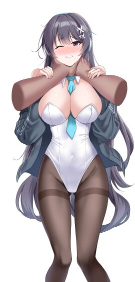 1girls absurdres aqua_necktie asphyxiation between_breasts black_hair blush breasts cleavage clenched_teeth collar commentary commission counter:side covered_navel detached_collar disembodied_hand drooling female furrowed_brow gluteal_fold grabbing_another's_arm grey_jacket groin hair_ornament headphones highleg highleg_leotard highres jacket jin_bora_(counter:side) large_breasts leotard long_hair long_sleeves looking_at_viewer necktie necktie_between_breasts nose_blush official_alternate_costume one_eye_closed open_clothes open_jacket pantyhose parted_lips purple_eyes simple_background solo_focus strangling strapless strapless_leotard teeth very_long_hair white_background white_collar white_leotard yuzb