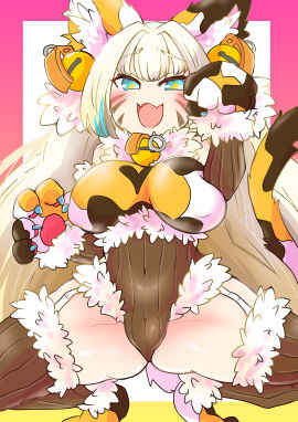 1girls :3d :d animal_ear_fluff animal_ears animal_hands ass_cleavage ass_crack bangs bell blonde_hair blue_eyes blue_hair blush bombergirl breasts cat_ears cat_girl cat_tail catgirl chase_chase_jokers collar covered_navel covered_nipples elbow_gloves facial_mark fangs female fried_egg_ponzu fur_trim garter_straps gloves hair_ornament konami large_breasts leotard long_hair looking_at_viewer monster monster_girl multicolored_hair neck_bell official_alternate_costume open_mouth orange_leotard paw_gloves paw_pose pine_(bombergirl) pine_(chase_chase_jokers) shortstack skin_fangs smile solo spread_legs squatting symbol-shaped_pupils tail thighhighs tiger_tail transformed very_long_hair whisker_markings