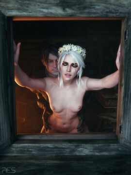 3d armpits breasts cahir_mawr_dyffryn_aep_ceallach cd_projekt_red ciri emile_(theviceart) female flower_crown freckles green_eyes hip_grab light-skinned_female light-skinned_male light_skin looking_at_viewer male mascara nipples penetration pussy scar sex the_witcher_(series) the_witcher_3:_wild_hunt vaginal_penetration white_hair witcherres