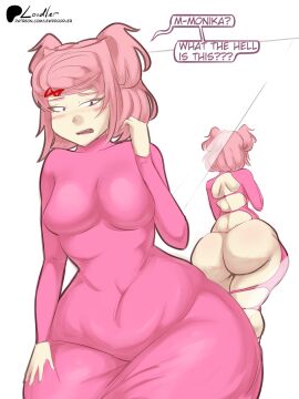 1girls ass ass_focus back back_view big_ass big_butt blush blush_lines blushing blushing_female bottom_heavy bottom_heavy_female breast_outline breasts butt_focus clothed doki_doki_literature_club dress embarrassed embarrassed_female embarrassed_naked_female embarrassed_nude_female enf female hair hair_between_eyes large_ass large_butt large_thighs lewddoodler looking_back meme meme_attire meme_clothing mirror mirror_reflection naked natsuki_(doki_doki_literature_club) nude pink_clothes pink_clothing pink_dress pink_eyes pink_hair pink_text reflection solo solo_female solo_focus text text_box text_bubble thick thick_ass thick_butt thick_thighs tight_clothing tight_dress watermark white_background wife_material