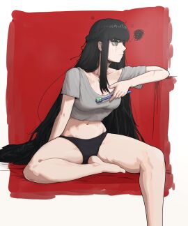 bare_legs barefoot belly_button black_hair breasts brush brushing_teeth feet female gogalking insact leaning_forward long_hair panties shirt sitting spread_legs teenager thick_thighs very_long_hair
