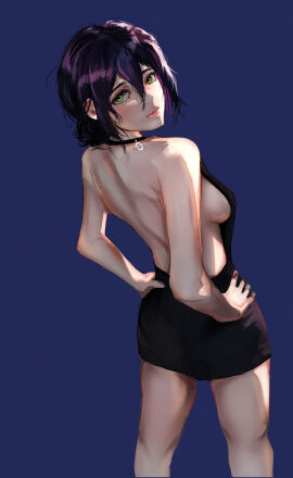 absurdres anime backless_dress backless_outfit big_chunger black_choker black_dress blue_background breasts chainsaw_man choker dress english_commentary female female_focus female_only from_behind green_eyes hair_between_eyes hair_bun hands_on_own_hips highres leaning_back long_hair looking_at_viewer looking_back manga medium_hair reze_(chainsaw_man) short_dress sideboob sideless_dress solo solo_female